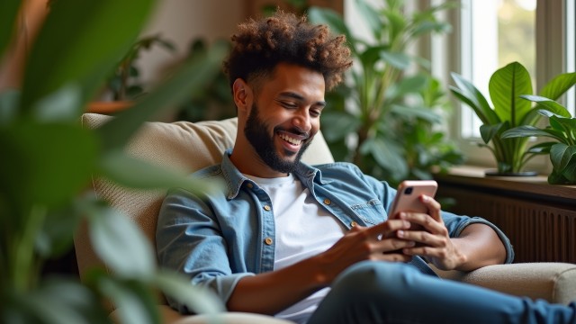Man sitting in a chair looking at his phone