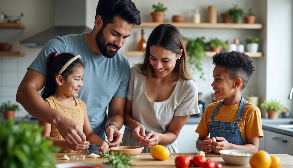 Family making healthy dinner together