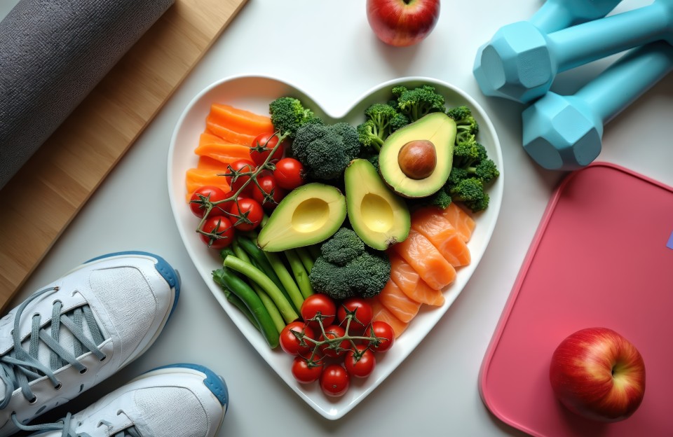 Healthy food in a heart shaped dish along with tennis shoes and hand weights