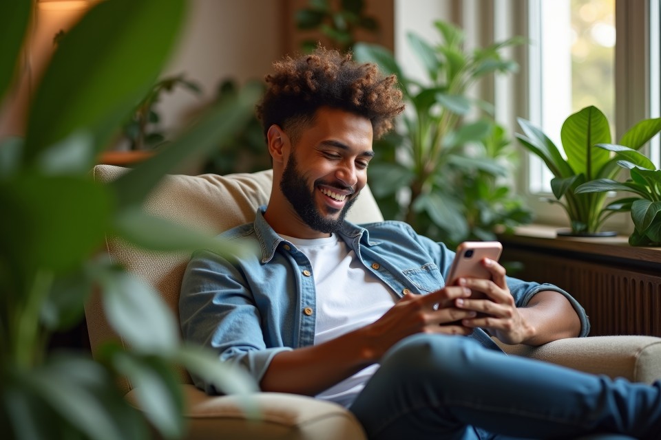 Man sitting in a chair looking at his phone