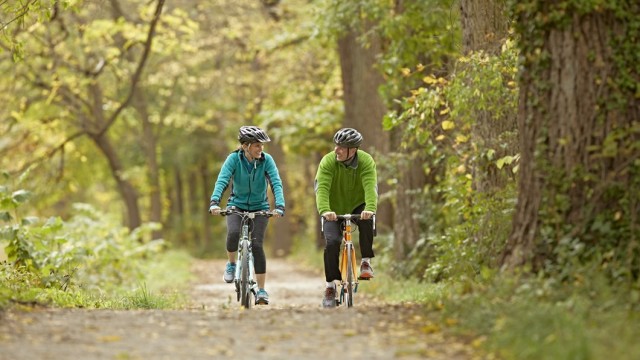Two people riding bikes on a trail in the forest