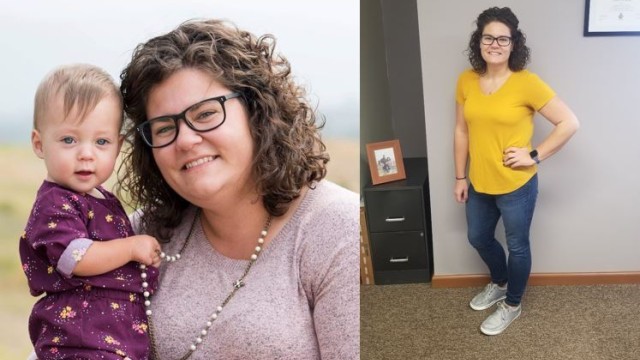 Overweight woman holding a child on the left compared to the same woman after she'd lost weight on the right.