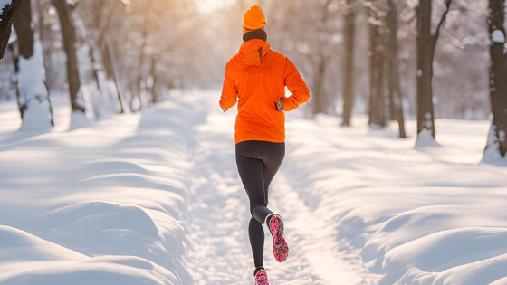 Person jogging on a snow-covered trail between two rows of trees.