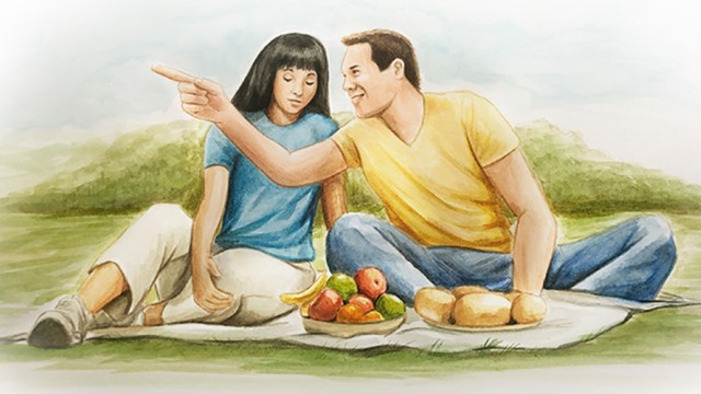 Animated picture of a man and woman on a picnic blanket. The man is pointing.