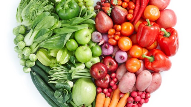 Heart shape with great fruits & veggies on the left and colorful fruits & veggies on the right
