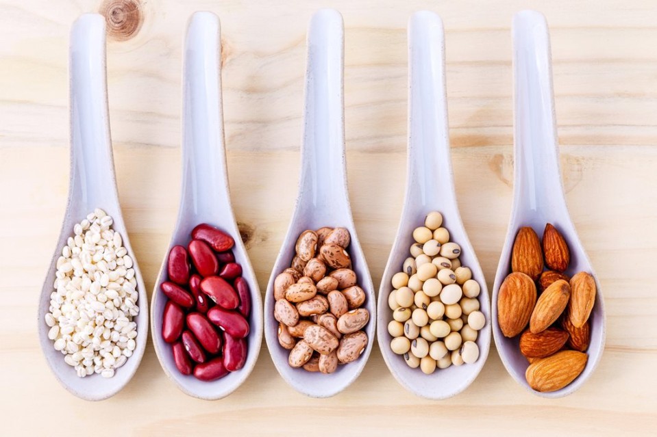 White serving spoons, containing nuts and beans, lined up in a row on a cutting board