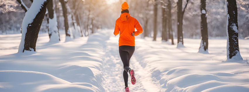 Person jogging on a snow-covered trail between two rows of trees.