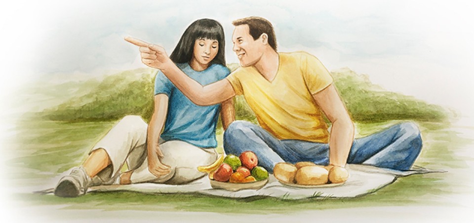 Animated picture of a man and woman on a picnic blanket. The man is pointing.
