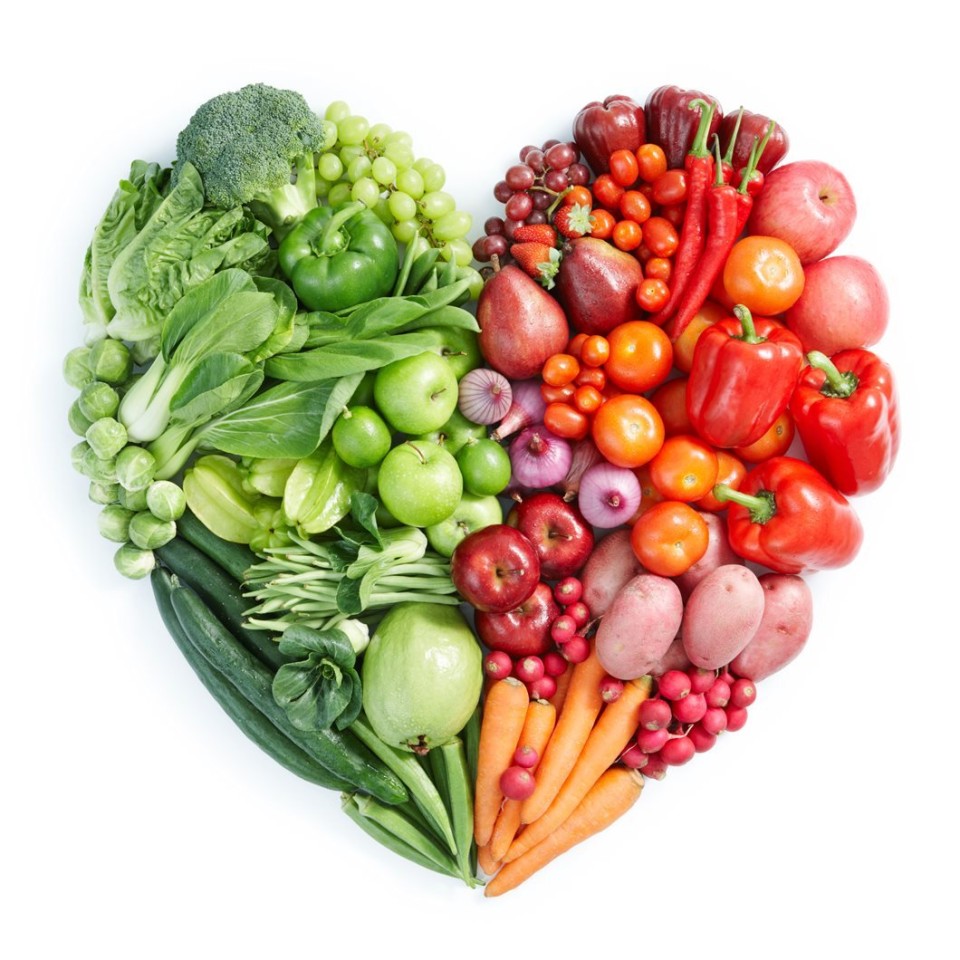 Heart shape with great fruits & veggies on the left and colorful fruits & veggies on the right