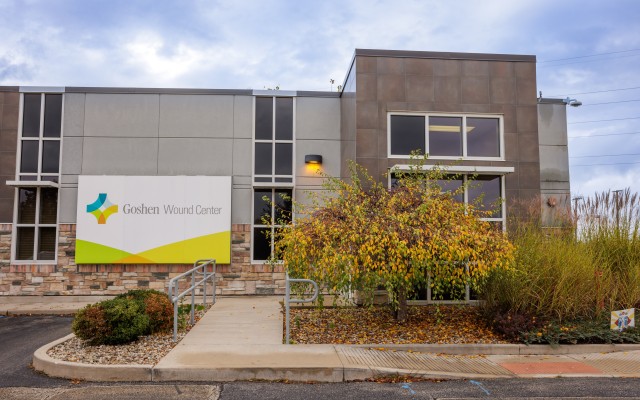 Goshen Physicians Wound and Hyperbaric Center building with sidewalk and landscaping in the front