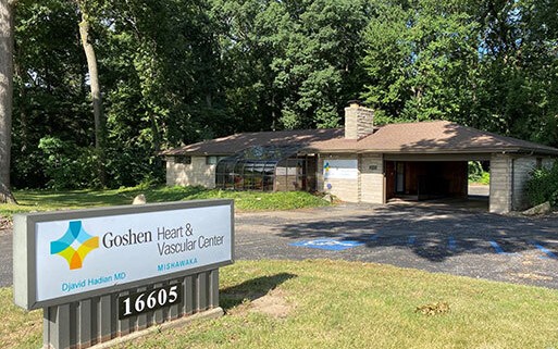 Goshen Heart and Vascular Center Mishawaka building with sign in front yard