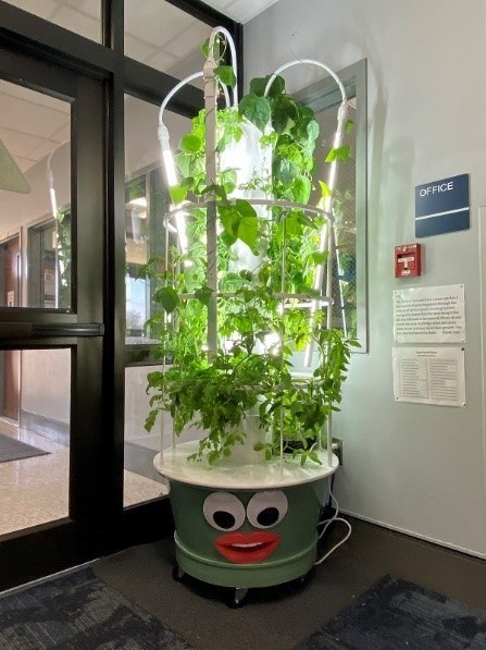 Tall vegetable tower garden sitting in the corner