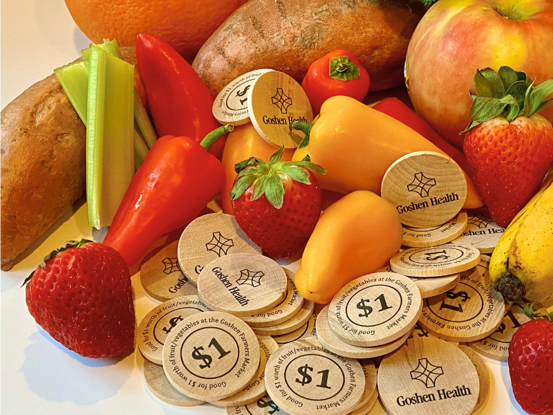 Fruits vegetables and wooden coins