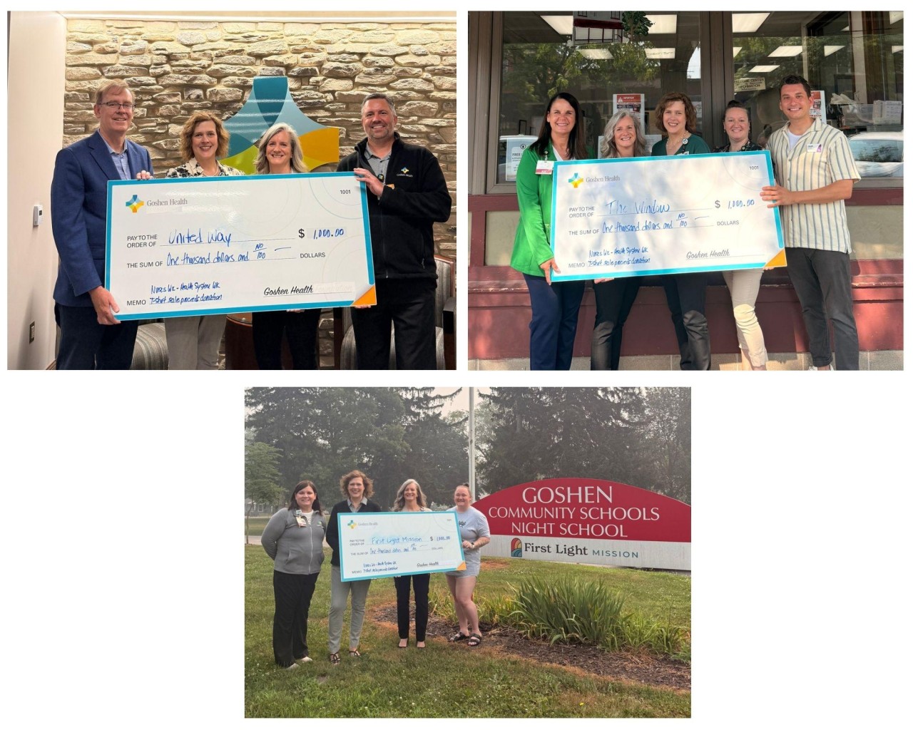 Goshen Health nurses holding three large checks to present to the community