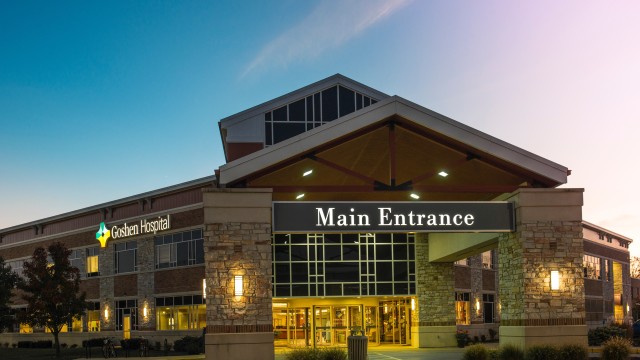 Goshen Hospital main entrance in the evening light