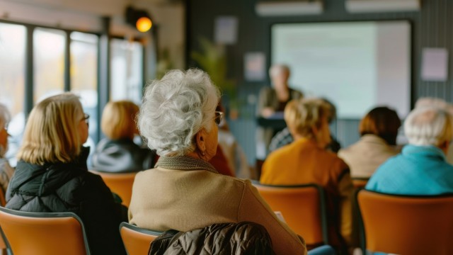 Several adults sitting in a classroom facing the front